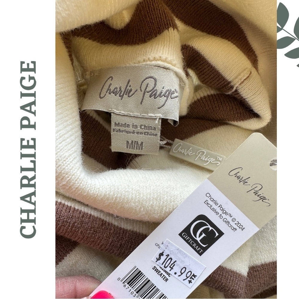 Charlie Paige Mikyla Stripe Cowl / Turtle Neck Pullover Cream Brown Size Small - Picture 7 of 8
